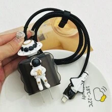 5pcs/Set 3D Astronaut Cartoon Design High-End Black Translucent Protective Case & Wave Edge Design Case Compatible With Apple 20W Charger And 18W Data Cable Cable Protector, Charger Protector - Black - View 2