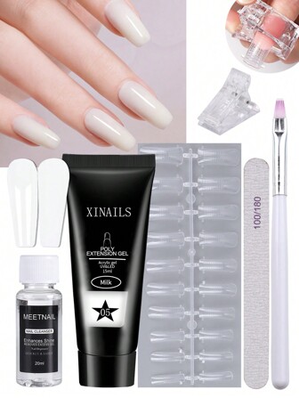 25入組牛奶色延展指甲凝膠套裝,15毫升聚合延展凝膠指甲,亞克力增強凝膠指甲,附贈甲片、延伸模具、夾子、刷子、清潔劑等美甲工具和禮物,適用於家庭美甲、女子美容店
