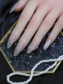 100% Puntas de Uña de Almendra Hechas a Mano Presionadas 10pcs Consejos de Uñas de Albaricoque Brillante Glossy Cat's Eye Uñas Manual con Brillo Rhinestones Encantos de Uñas Falsas Puntas de Uñas Reutilizables para Diseño de Arte de Uñas de Cuatro Estaciones Uso Diario uñas falsas uña falsa uña acrílica