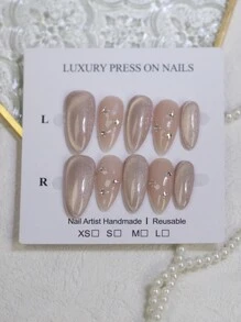 100% Puntas de Uña de Almendra Hechas a Mano Presionadas 10pcs Consejos de Uñas de Albaricoque Brillante Glossy Cat's Eye Uñas Manual con Brillo Rhinestones Encantos de Uñas Falsas Puntas de Uñas Reutilizables para Diseño de Arte de Uñas de Cuatro Estaciones Uso Diario uñas falsas uña falsa uña acrílica