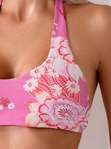 女士两件套比基尼套装，热带印花沙滩比基尼套装，适合温泉和度假夏日海滩 - 玫紅色 - 查看 5