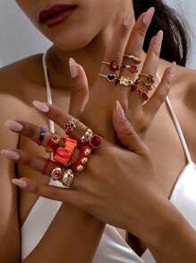 1 set de 18 piezas Juego de joyas de anillos ajustables con flores secas, corazones, arañas y cuentas - Estilo excéntrico y encantador - Multiusos, adecuado para Halloween, San Valentín, Día de la Madre - Colores y patrones aleatorios