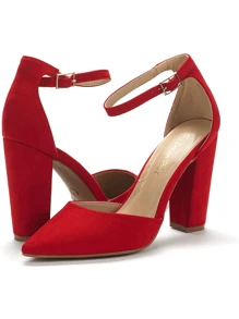Women Ankle Strap Chunky Heel High Heels Pumps Closed Pointed Toe Fashionable Elegant Wedding Pump Shoes - 紅色 - 查看 4