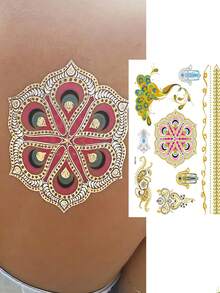 5片金黑色金屬臨時紋身防水無毒貼紙閃光片，持久紋身，非常適合派對節日海灘 - 金色 - 查看 3