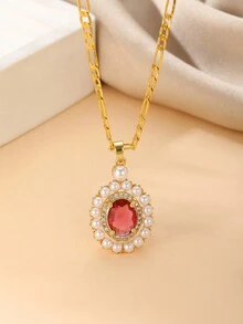 1 viên ngọc trai giả thanh lịch lấp lánh & trang trí bằng đá Cubic Zirconia Mặt dây chuyền hình bầu dục  Dây chuyền dành cho nữ Tiệc sang trọng đẳng cấp Ngày tiệc Đề xuất kỳ nghỉ ở bãi biển Quà tặng sinh nhật đính hôn Quà tặng trang sức cao cấp - Vàng - Xem 4