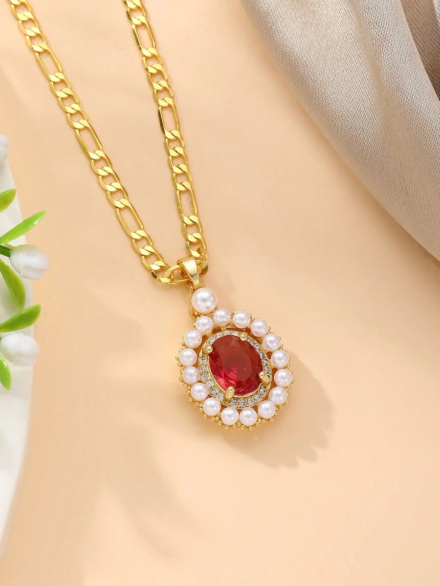 1 viên ngọc trai giả thanh lịch lấp lánh & trang trí bằng đá Cubic Zirconia Mặt dây chuyền hình bầu dục  Dây chuyền dành cho nữ Tiệc sang trọng đẳng cấp Ngày tiệc Đề xuất kỳ nghỉ ở bãi biển Quà tặng sinh nhật đính hôn Quà tặng trang sức cao cấp - Vàng - Xem 1