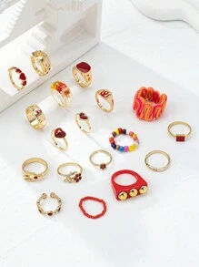 1 set de 18 piezas Juego de joyas de anillos ajustables con flores secas, corazones, arañas y cuentas - Estilo excéntrico y encantador - Multiusos, adecuado para Halloween, San Valentín, Día de la Madre - Colores y patrones aleatorios