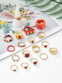 1 set de 18 piezas Juego de joyas de anillos ajustables con flores secas, corazones, arañas y cuentas - Estilo excéntrico y encantador - Multiusos, adecuado para Halloween, San Valentín, Día de la Madre - Colores y patrones aleatorios