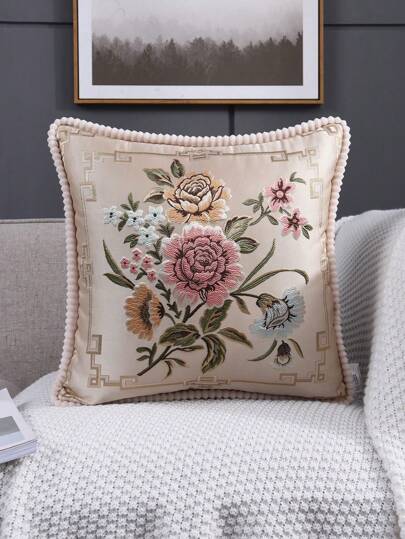 Floral Embroidered Cushion Cover, Cottagecore Throw Pillow Case, Pillow Insert Not Include, For Sofa, Living Room