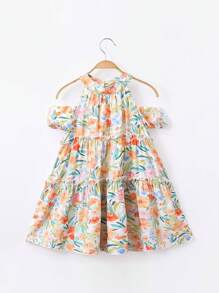 1件幼兒女童假期風格露肩小花裙，夏季款