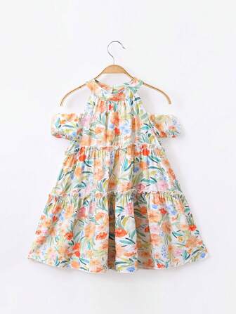 1件幼兒女童假期風格露肩小花裙，夏季款