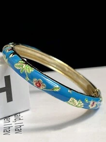 1 pieza Pulsera bohemia nueva y elegante estilo con esmalte champlevé chapado en oro y patrón floral, adecuada como joyería para mujeres y niñas