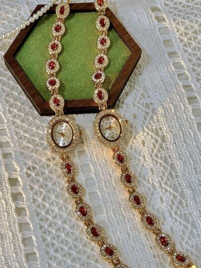 1pc New High-End Colorful Aquamarine Gemstone & Cubic Zirconia Inlaid Luxury Vintage Elegant Women's Watch, Elliptical Dial, 30M Water Resistant, Suitable For Daily Wear And Dressing Up Your Wrist For Parties, Holidays And Other Occasions