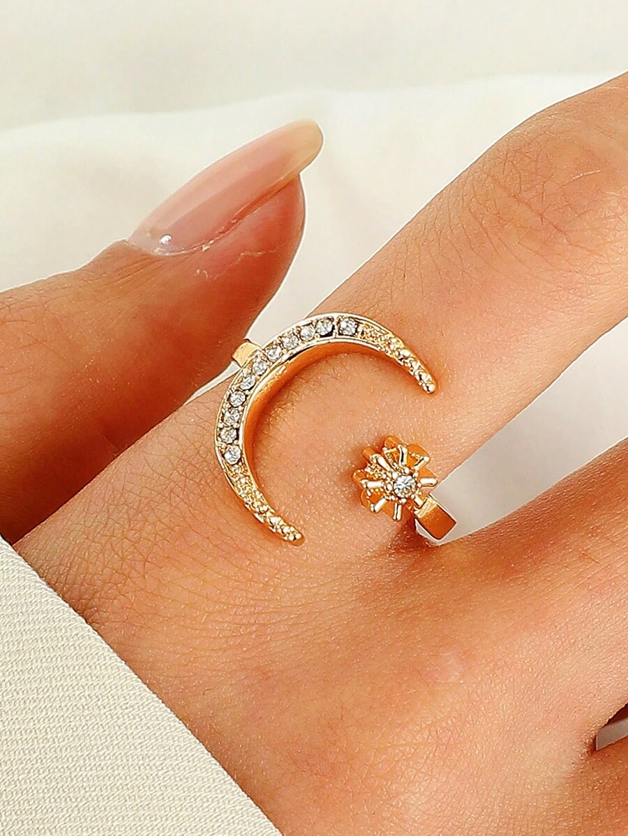 1入時尚復古新月與星星開口戒指，適合女性 - 金黃色 - 查看 1