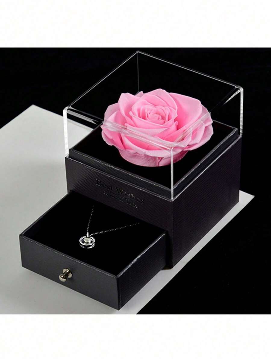 1PC Eternal Rose Gift Box Preserved Red Rose Necklace Box Forever Red Rose With Heart Necklace Real Flower Box For Her On Valentine'S Day Anniversary