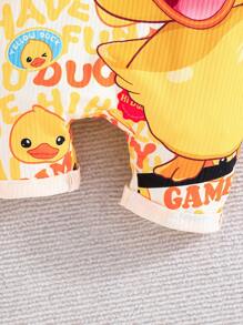 男婴夏季时尚休闲套装 - 纯色短袖上衣和可爱鸭子连体衣，两件套服装