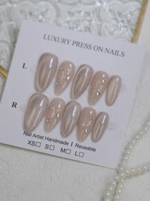 100% Puntas de Uña de Almendra Hechas a Mano Presionadas 10pcs Consejos de Uñas de Albaricoque Brillante Glossy Cat's Eye Uñas Manual con Brillo Rhinestones Encantos de Uñas Falsas Puntas de Uñas Reutilizables para Diseño de Arte de Uñas de Cuatro Estaciones Uso Diario uñas falsas uña falsa uña acrílica