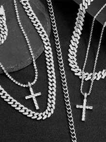 2PCS Necklace Paired With Vintage Cross Pendant Necklace Made Of Rhinestone Material Fashionable Vintage Set Birthday Gift For Men