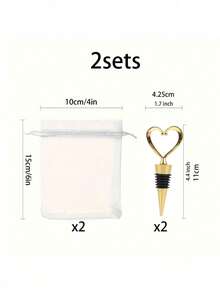 2 Sets Herzförmiger Weinflaschenverschluss Hochzeit Gastgeschenk aus Edelstahl mit weißen Sheer Organza Beuteln, Weinfrischhalter, Weinflaschenstopfen für Hochzeit, Urlaubsparty - Verschiedenfarbig - Übersicht 11
