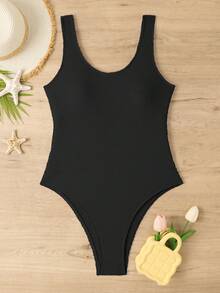 女士纯色波浪条纹纹理连体泳衣，适合海滩度假夏季 - 黑色 - 查看 3