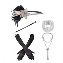 1920年代花樣年華女郎服飾配件套裝，頭箍、復古珍珠項鏈、手套，適用於20年代派對 - 彩色 - 查看 1