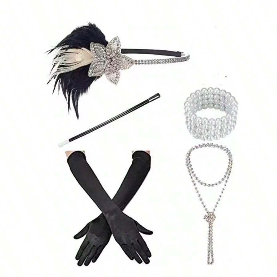 1920年代花樣年華女郎服飾配件套裝，頭箍、復古珍珠項鏈、手套，適用於20年代派對 - 彩色 - 查看 1