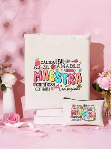 2pcs Maestra Printing Bag Gift For Teachers Tote Bag, Personalized Wedding Gift Bag For Women Bridesmaid, Makeup Bag Lightweight Shopper Bag, Versatile Storage Bag For Teacher's Day, Best Teacher Gifts Forever For Teachers Day, Best Teacher Appreciation Gifts , Teacher Gift - Beige - View 2