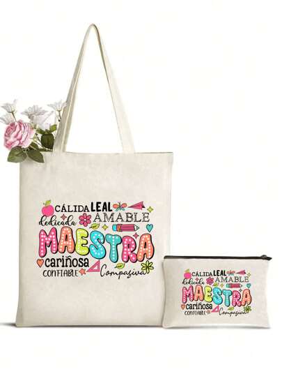 2 piezas Bolsa de impresión Maestra, regalo para maestros, bolso de tote. Regalo de boda personalizado para mujeres, damas de honor, bolsa de maquillaje ligera, bolsa de compras versátil para el Día del Maestro, los mejores regalos para maestros por siempre para el Día del Maestro, los mejores regalos de aprecio a los maestros