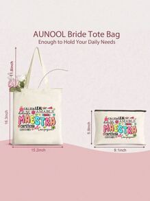 2pcs Maestra Printing Bag Gift For Teachers Tote Bag, Personalized Wedding Gift Bag For Women Bridesmaid, Makeup Bag Lightweight Shopper Bag, Versatile Storage Bag For Teacher's Day, Best Teacher Gifts Forever For Teachers Day, Best Teacher Appreciation Gifts , Teacher Gift - Beige - View 4