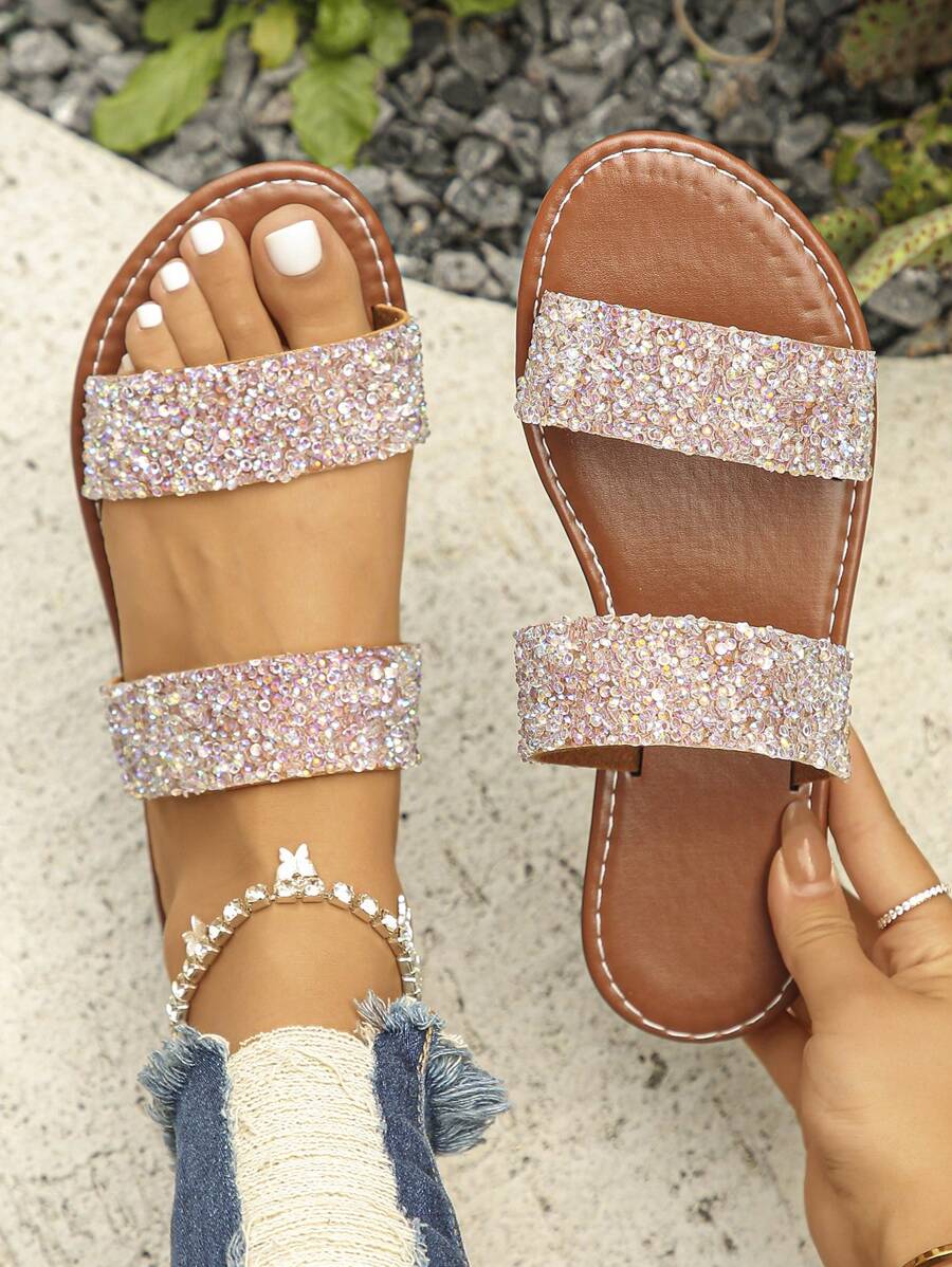 Zapatillas de mujer con purpurina brillante, zapatos planos informales de verano, sandalias ligeras de playa