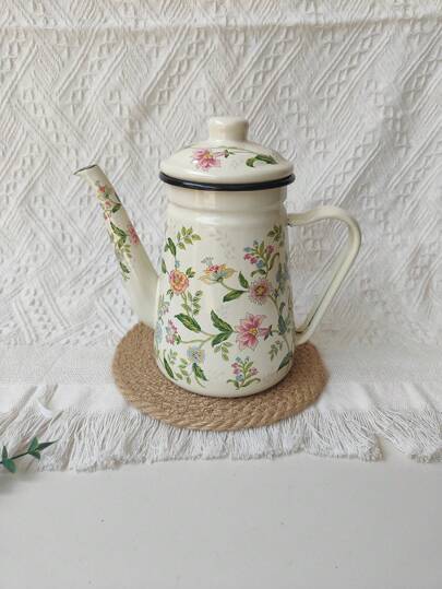 قدر قهوة/شاي من المينا مزخرف بتصميم زهري ذو صنبور رفيع للاستخدام على المواقد الكهربائية والغاز، مستلزمات مدرسية للعودة إلى المدرسة قطعة واحدة