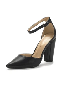 Women Ankle Strap Chunky Heel High Heels Pumps Closed Pointed Toe Fashionable Elegant Wedding Pump Shoes - 黑色 - 查看 3