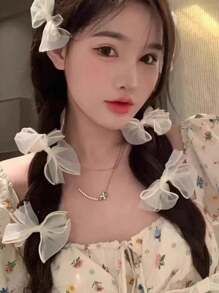 2pcs Super Fairy Mesh Bow Hair Clips Valentine's Day Claw Clips Hair Claws Hair Barrettes, School Stuff, Hair Accessories, Head Accessories - Beige - View 11