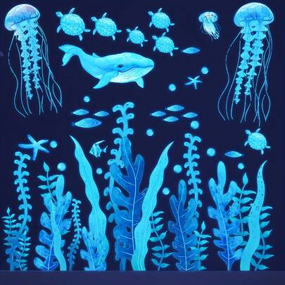 Under The Sea Wall Decals,Luminous Wall Stickers,Glow In The Dark Ocean Wall Decals,Colorful Sea Turtle Seaweed Seahorse Jellyfish Removable Wall Stickers,Ocean World Themed Wall Decor For Bedroom Bathroom(Blue,Green),Stickers,Wall Decal, Vinyl Decal For Home Decorations,Spring Decoration Items Refresh Your Home,Rama Decoration Stickers Gifts Birthday Graduation