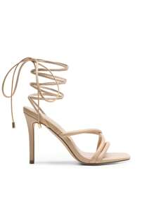 Women Strappy Tie Leg Design Heeled Sandals, Fashionable Square Toe Lace Up Stiletto Heeled Sandals - Màu be - Xem 5