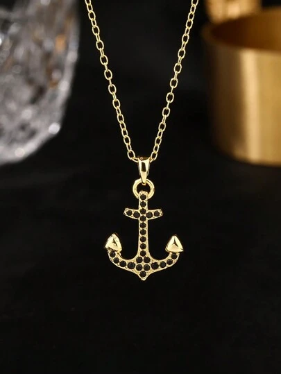 1 pieza Collar con colgante de ancla clásico chapado en oro de cobre con micro-pavé negro, adecuado para uso diario de hombres y mujeres