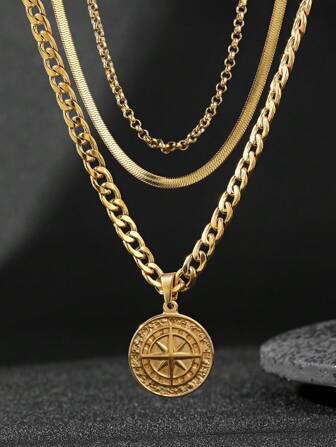 3pcs Stainless Steel Fashion Retro Style Men's Golden Compass Pendant Necklace Set, Suitable For Men's Daily Dress Or Gift