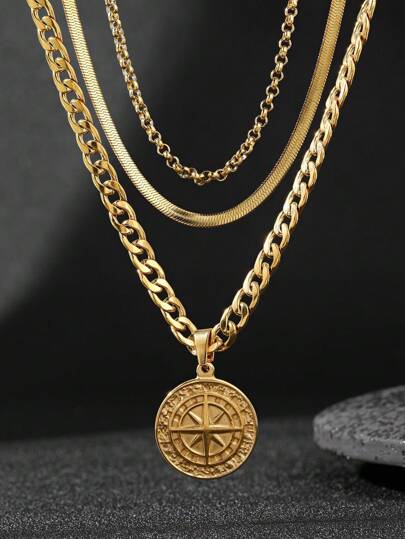 3pcs Stainless Steel Fashion Retro Style Men's Golden Compass Pendant Necklace Set, Suitable For Men's Daily Dress Or Gift