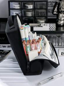 1 Peça Estojo grande de capacidade grande de cor sólida simples para estudantes, Bolsa de armazenamento com múltiplas camadas grossas de tecido para artigos de papelaria e cosméticos, De volta para a escola, De volta às aulas, Materiais escolares, Estojo de lápis, Mochila escolar
