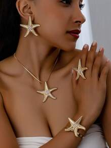 5 件套时尚海滩风格珍珠釉海星吊坠项链、开口手镯、戒指、海星耳环、休闲夏威夷百搭女士礼品套装 - 金黃色 - 查看 11