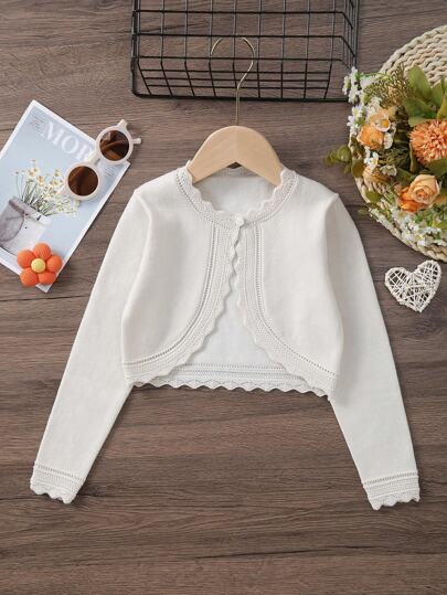 Young Girl Elegant Solid Color Long Sleeve Hollow Out Knitted Cardigan, Autumn