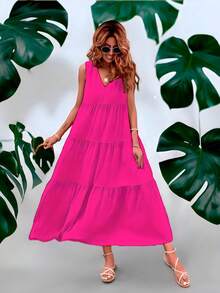 Vestido largo holgado sin mangas playero de moda para mujer - Rosa Roja - Ver 1