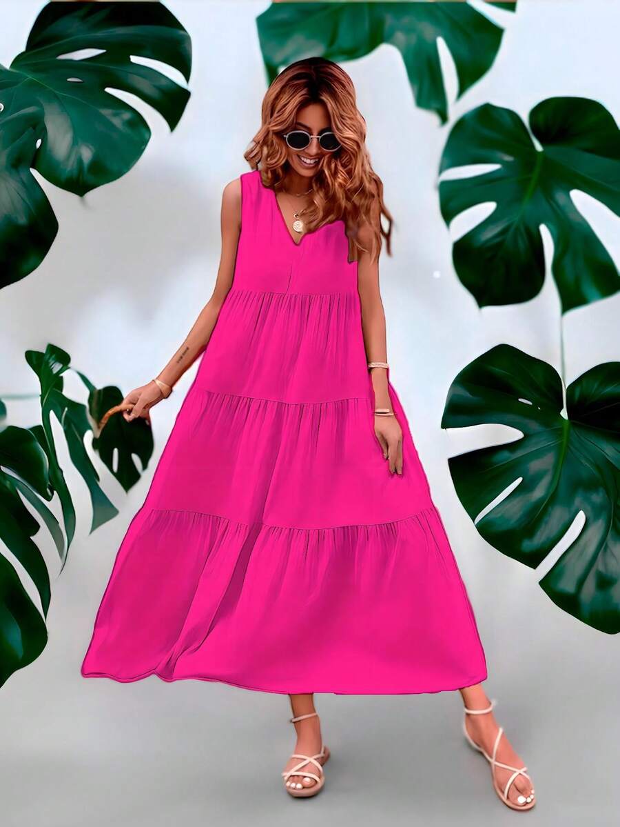 Vestido largo holgado sin mangas playero de moda para mujer - Rosa Roja - Ver 1