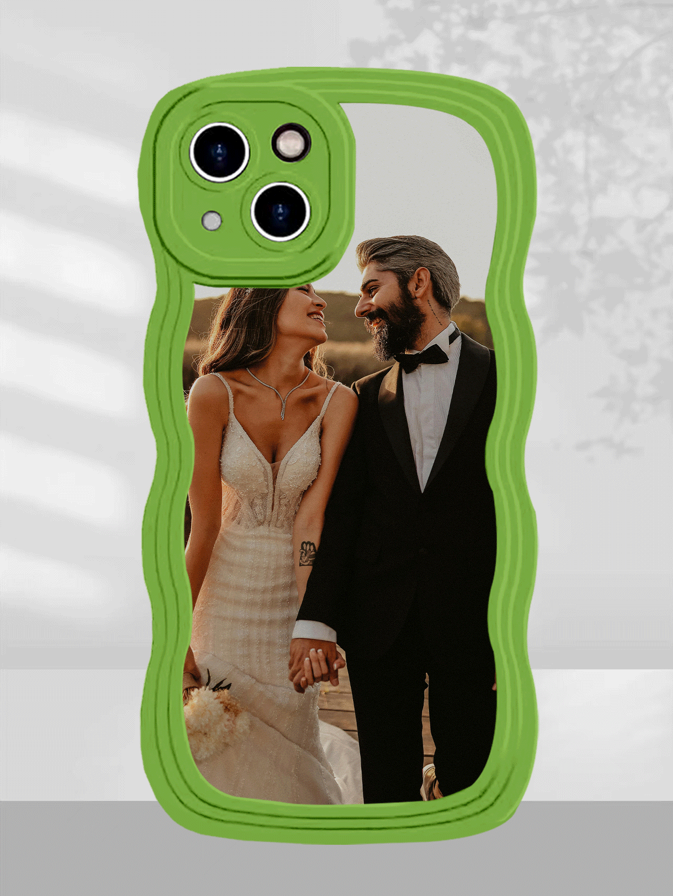 Green 1pc Personalized Custom Full-Covered Silicone Camera Lens Protection Phone Case With Picture/Photo Printing, Compatible With IPhone 15/14/13/12/11 Pro Max Wedding