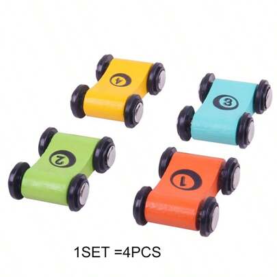 1 Set Of 4pcs Mini Wooden Glide Cars For Children, Inertia Racing Toys With Accessories,Tweezers Kids,Obstacle Course Kids,Wooden,Back To School