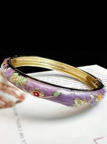 1 pieza Pulsera bohemia nueva y elegante estilo con esmalte champlevé chapado en oro y patrón floral, adecuada como joyería para mujeres y niñas