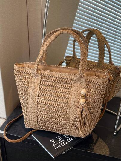 1pc Holiday Woven Tote Bag, Fashionable Wicker Beach Bag, Lunch Box Bag, Solid Color Handmade Woven Bag With Tassel Shoulder Strap, Casual Women Bag, Perfect Gift - Woven Bag, Perfectly Matching With Vacation Outfits Women