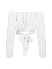 Camiseta de manga larga sin tirantes con lazo cruzado Camiseta de manga larga con estampado de farolillos - Blanco - Ver 3