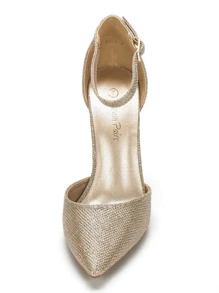 Women Ankle Strap Chunky Heel High Heels Pumps Closed Pointed Toe Fashionable Elegant Wedding Pump Shoes - Vàng - Xem 5