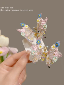 1pc Movable Butterfly Hairclip, Floral Girls Hair Accessories Princess Hair Ornament, Suitable For Daily Use
